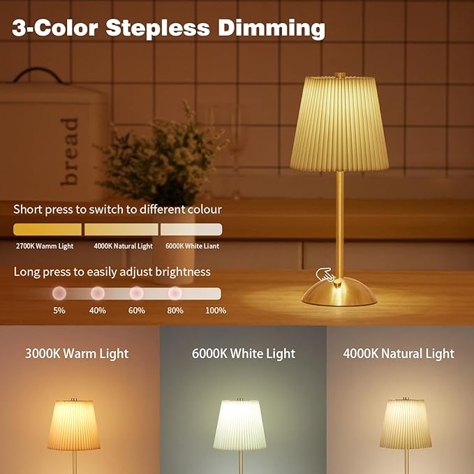 2-Pack Cordless Rechargeable Table Lamp 3-Color Dimmable Touch Control
