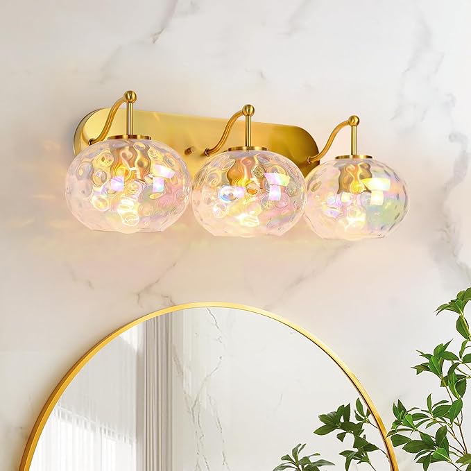 23" Brushed Gold Vanity Light Stained Hammered Glass Wall Sconce 3-Light Brass