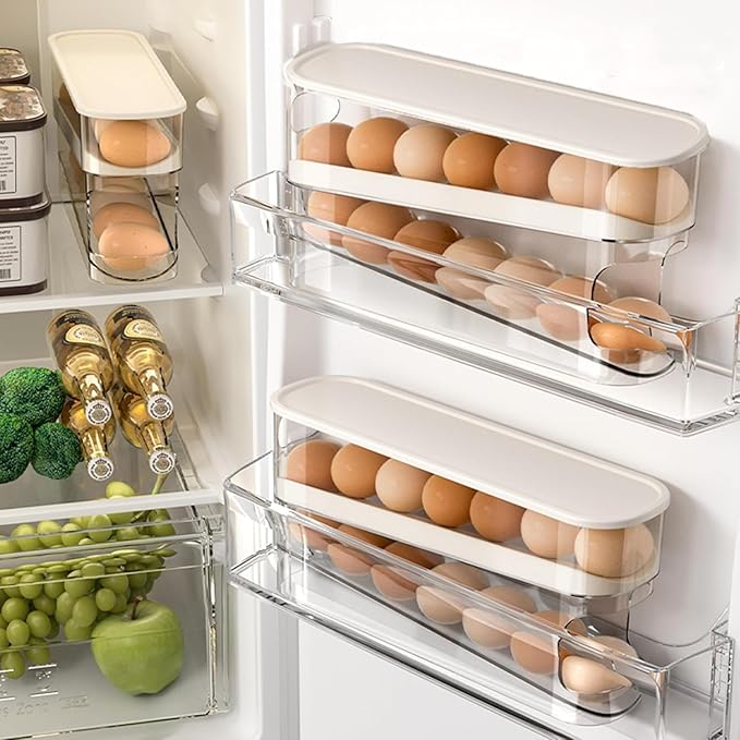 2pcs Auto Rolling Egg Holder for Fridge, Egg Dispenser/Organizer/Storage/Container with Lid for Refrigerator, Sturdy and Durable Space-Saving Egg Tray for 12 Large Eggs