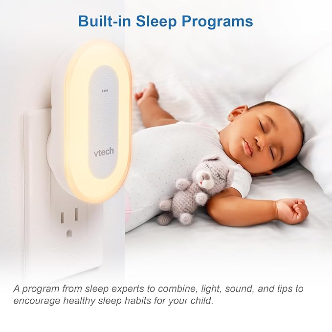 VTech BC8113 V-Hush Plug Sleep Training Soother with 40 Stories/Songs/Sounds & Record Your own Voice. Bluetooth Speaker, 250+ Multi-Color Night Light, No Batteries & No Cords Required