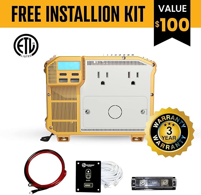 K KRIËGER 3000 Watts Power Inverter 12V to 110V, Modified Sine Wave Car Inverter, Dual 110 Volt Outlets, Hardwire Kit, DC to AC Converter with Installation Kit - ETL Approved Under UL STD 458