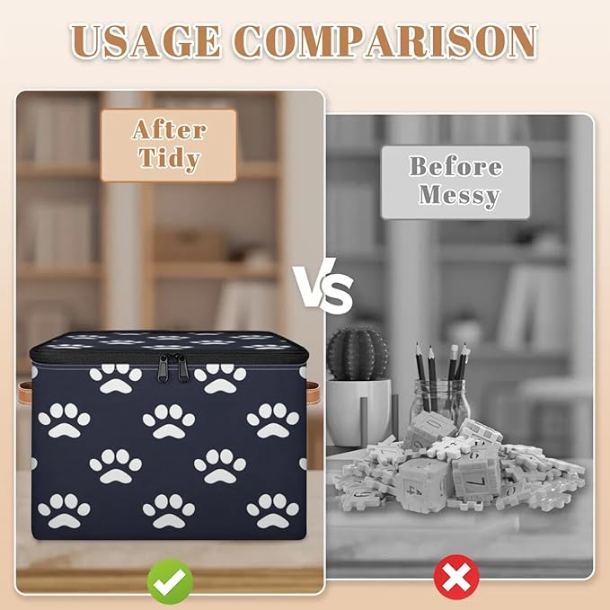 Storage Cubes with Lid Fabric Storage Bins Boxes PU Leather Handles, Dog Paw Print Closet Organizer Container Foldable Washable Shelf Cloth Basket, Dog Paw Print
