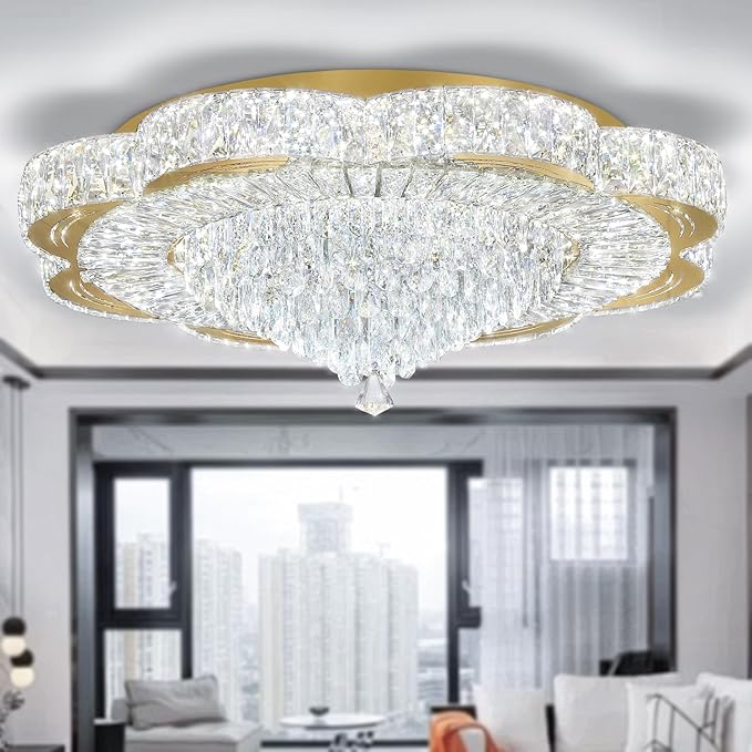 Modern Empire Crystal Chandelier Gold 32inches Crystal Raindrop Ceiling Light