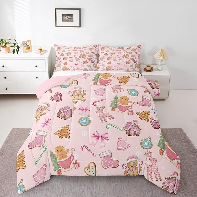 Merry Christmas Comforter Set King Size,Gingerbread Man Elk Deer Bowknot Kids Bedding Set,Cute Girly Bow Tie Xmas Tree Quilt Comforter,Pink Colorful Duvet Insert,2 Pillowcases