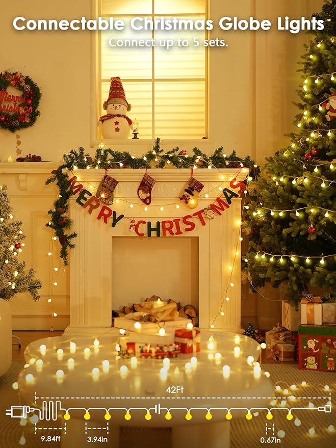 2-Pack Connectable Globe String Lights | Total 86FT 200LED Warm White Christmas