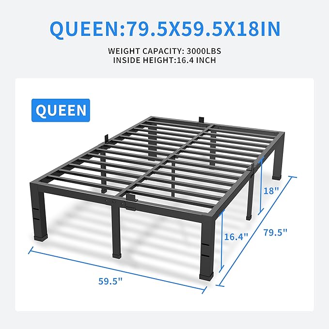 MAF 18 Inch High Queen Bed Frame No Box Spring Needed Heavy Duty Queen Platform Bed Frame Steel Slat Support Noise Free Black Bed Frame Queen Size Easy Assembly