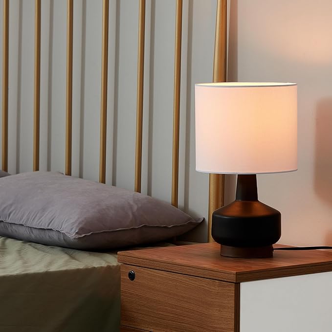 GLOBE Electric 15" Ceramic Table Lamp, Matte Black Base, Wood-Toned Accent