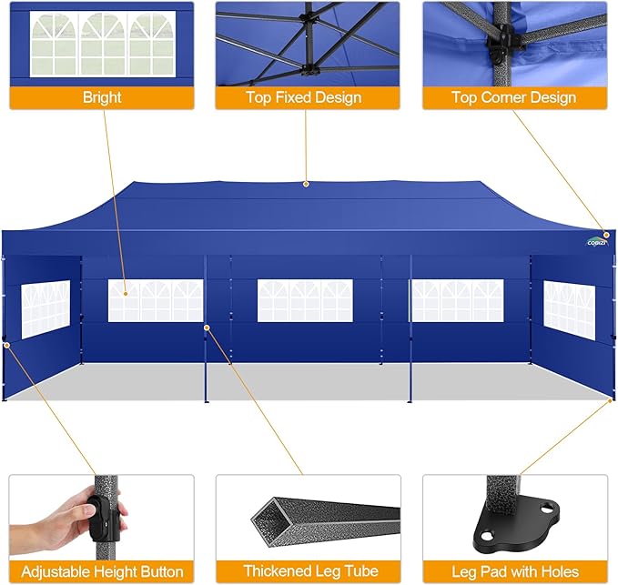 COBIZI 10x30 Pop up Canopy Tent 10x30 Canopy with 8 Sidewalls Waterproof Heavy Duty Commercial Canopy Tent for Parties Outdoor Garden Gazebo, Carry Bag with Wheel(10x30ft, Dark Blue)