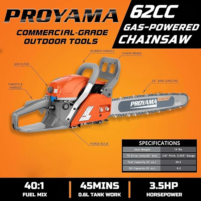 PROYAMA 62CC Gas Powered Chainsaw, 20 Inch 2-Cycle Petrol Handheld Cordless Chain Saw, Gasoline Gas Chainsaws for Tree Wood Cutting