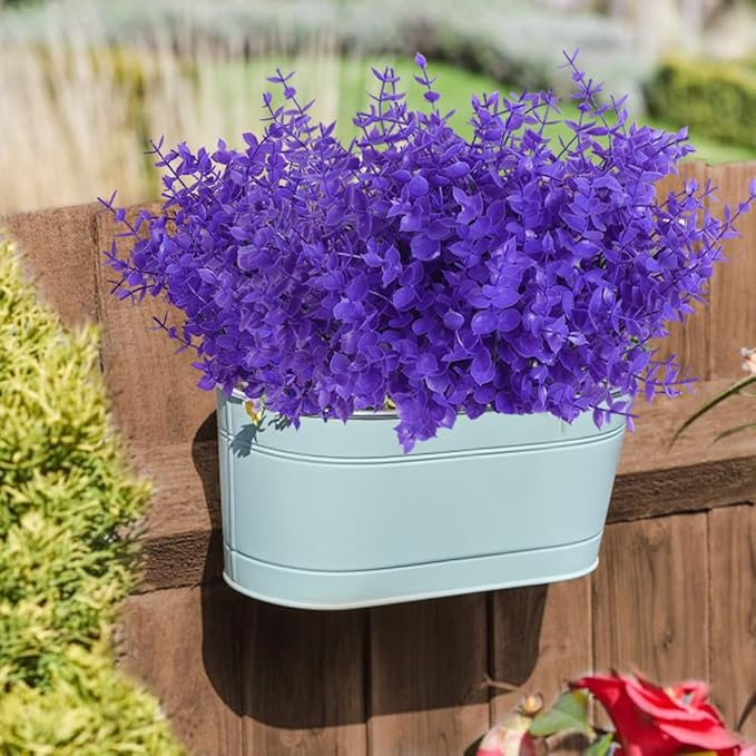 RECUTMS Artificial Plants Outdoor Artificial Ferns for Outdoors Purple Plants Outside Plastic Flowers for Outdoors Purple Outdoor Artificial Boxwood Fake Plants for Window Box(Pure Purple Eucalyptus)