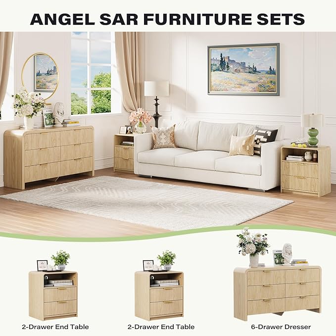 Angel Sar 55" Modern Fluted 6 Drawer Dresser for Bedroom, Wooden Bedroom Dresser with Arched Tabletop, Wave Pattern Design & Gold Handles, Closet Chest of Drawers for Clothes Storage, Natural Wood