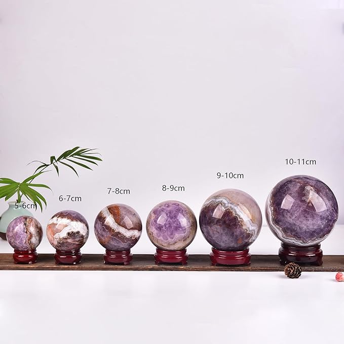 JIC Gem Large Healing Crystal Sphere Ball with Wooden Stand Amethyst Agate Crystal Decorative Ball Meditation Feng Shui Decor 90-100mm