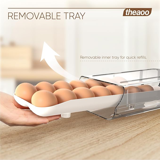 theaoo Egg Holder for Fridge, Automatic Rolling Egg Container for Refrigerator, Clear Plastic Egg Dispenser, Stackable Eggs Organizer with Quick Removable inner Tray For Organizers and Storage, 1 Pack