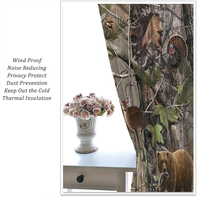Retro Forest Window Curtains, Camouflage Hunting Tree Camo Rustic Deer Elk Bird Bear Blackout Rod Pocket Windows Door Curtain for Bedroom Living Room Home Decor 42x63in