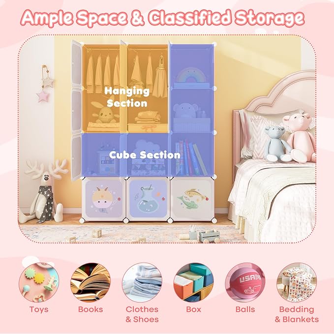 Costzon Kids Closet, Cartoon DIY Modular Dresser Storage Organizer with 12 Cubes & 2 Clothes Hanging Rack, Portable Armoire for Baby Toddlers, Kids Wardrobe for Bedroom Nursery