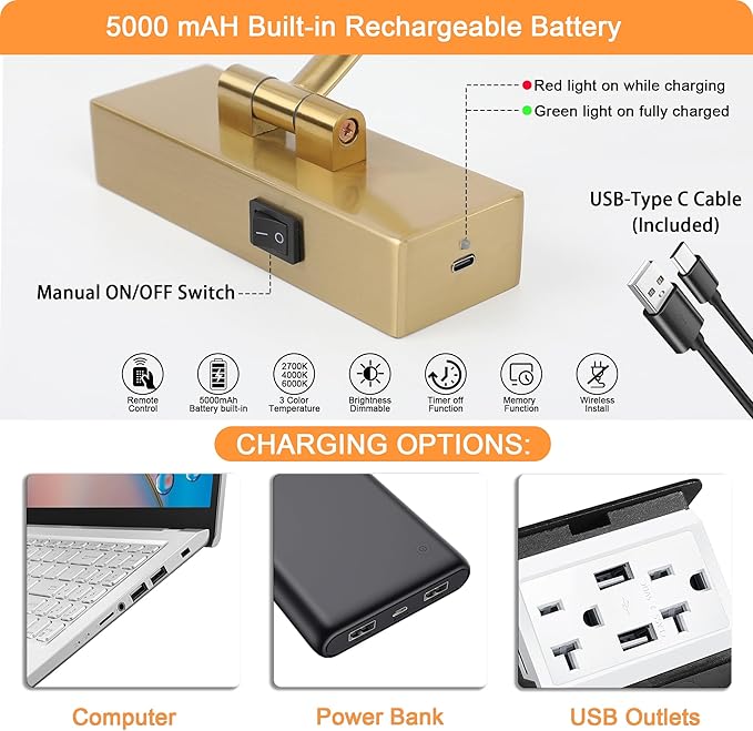 Wireless Picture Lights for Wall Rechargeable, Battery Operated Art Light for