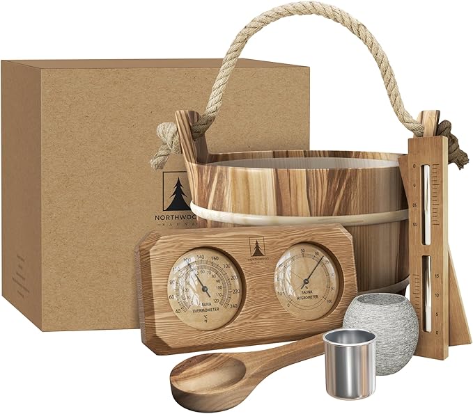 Sauna Accessories Kit - Handmade from Canadian Red Cedar Wood - Core Set (Bucket & Ladle, Thermometer & Hygrometer, Sand Timer, Aromatherapy Cup)