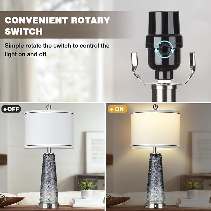 Glass Table Lamp Set of 2, Touch Control Bedside Nightstand Lamp
