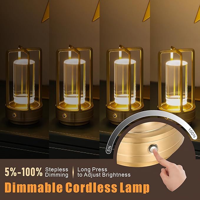Rechargeable Table Lamp Cordless, 3 Color | Crystal | Stepless Dimming