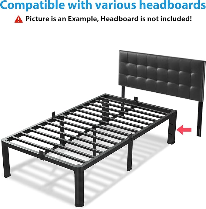 16 Inch Twin Size Bed Frame, 3500Lbs Heavy Duty Metal Platform with Round Corner Legs Mattress Slide Stopper, Steel Slat Support No Box Spring Needed, Noise Free, Non-Slip, Easy Assembly