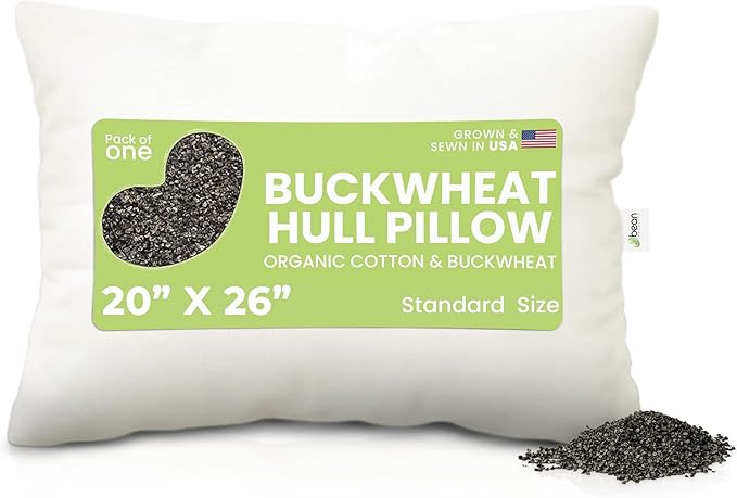 Bean Products 20" x 26" Standard Bed Pillow for Sleeping – Organic Buckwheat Fill with Organic Cotton Fabric, Soft Head Pillow – Eco-Friendly, Breathable, and Durable Sleep Aid, Made in The USA
