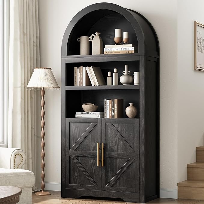 Arched Bookshelf Bookcase China Pantry Storage Cabinet with Doors and Shelves,Kitchen Pantry Cabinet,71“ Tall Food Pantry Furniture for Living Room, Dining Room (Black)