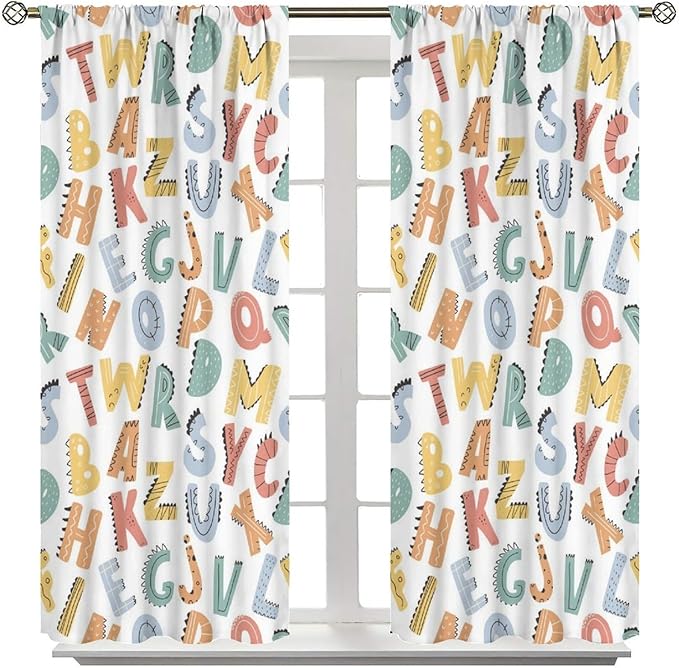 Kids Alphabet Letter Curtains Cute Funny Education Printed Curtain with Rod Pocket for Bedroom Living Room Home Decor Drapes Window Treatments 2 Panels Set 55" W X 63" L