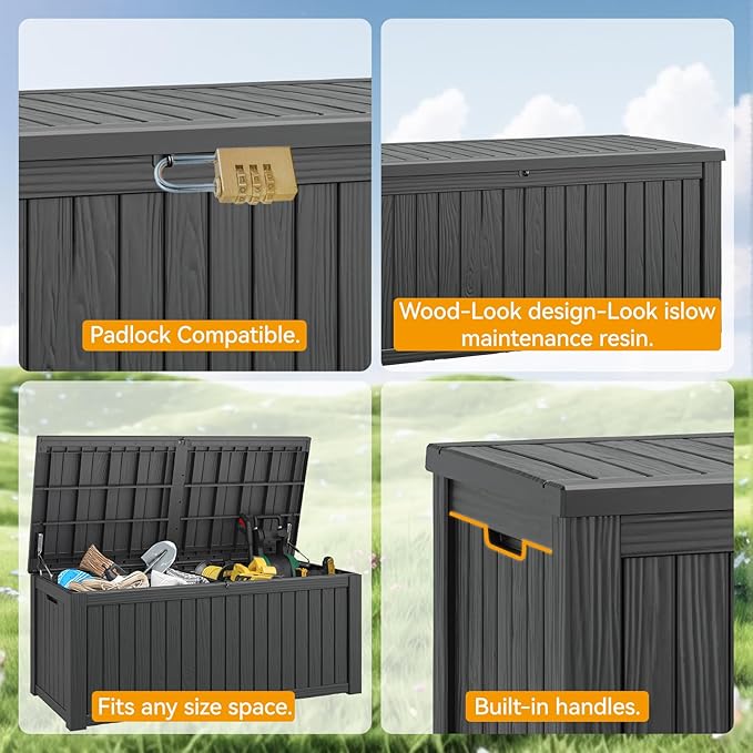 NUNU LAB 180 Gallon Outdoor Storage Box,Large Resin Sturdy Deck Box, Backyard Outside Storage Box Waterproof with Double Wall Panels,Package Delivery Garden Hose Storage Bin Outdoor Tool