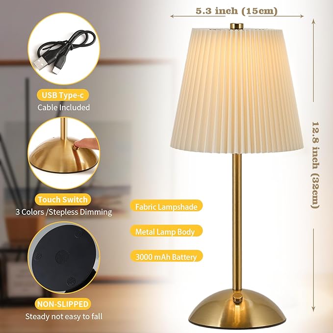 2-Pack Cordless Rechargeable Table Lamp 3-Color Dimmable Touch Control