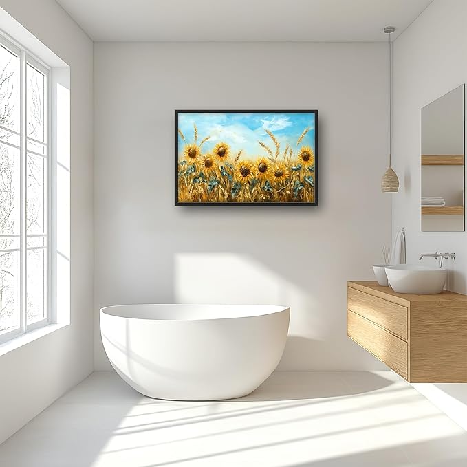 Olivine Large Wall Art, Sunflower Pictures Wall Decor, Sunflower Wheat Painting, Nature Landscape Canvas Prints, Framed Artwork for Living Room Bedroom Bathroom Office Home Decoration 36"x24"
