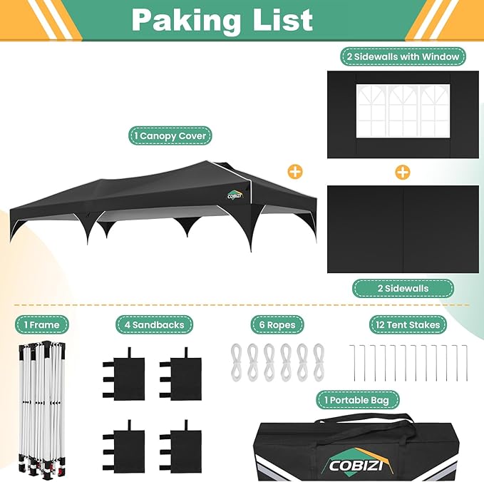 COBIZI 10x20 Pop Up Canopy Tent with 4 Sidewalls, Instant One-Push Setup, Commercial Canopy with Air Vent & Reflective Strip, UPF 50+ Waterproof Party Tent with Sandbags & Stakes for Events (Black)
