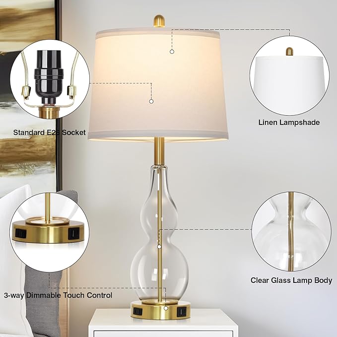 27.5" Clear Glass Table Lamp Set of 2, 3-Way Dimmable Touch Control Bedside