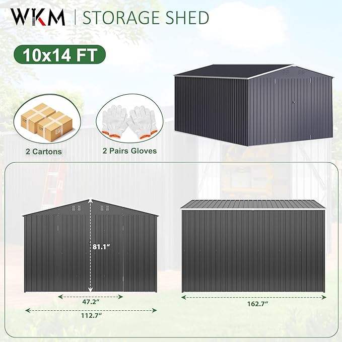 WKM 10x14 FT Outdoor Storage Shed, Utility Metal Tool Storage with Lockable Doors and Updated Frame Structure, Metal Garden Shed for Backyard, Patio Lawn, Black