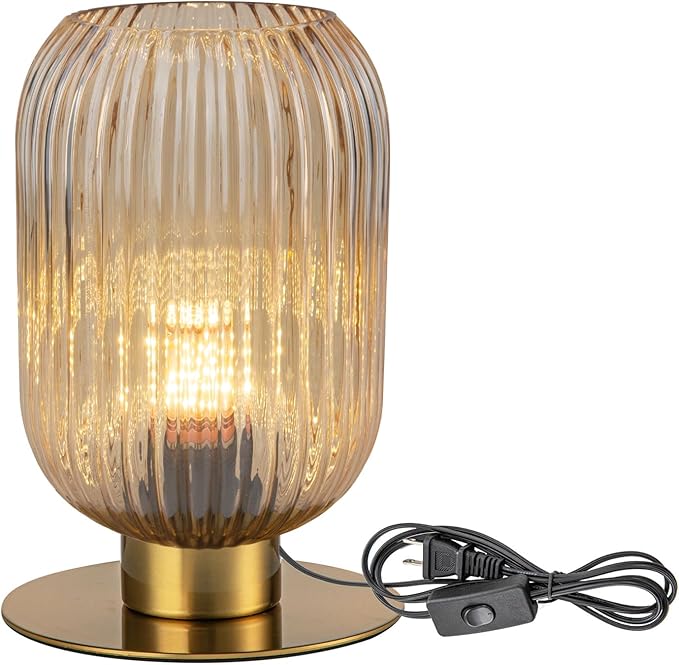 Small Table Lamp, Mid Century Modern Bedside Table Lamp, Amber Ribbed Glass