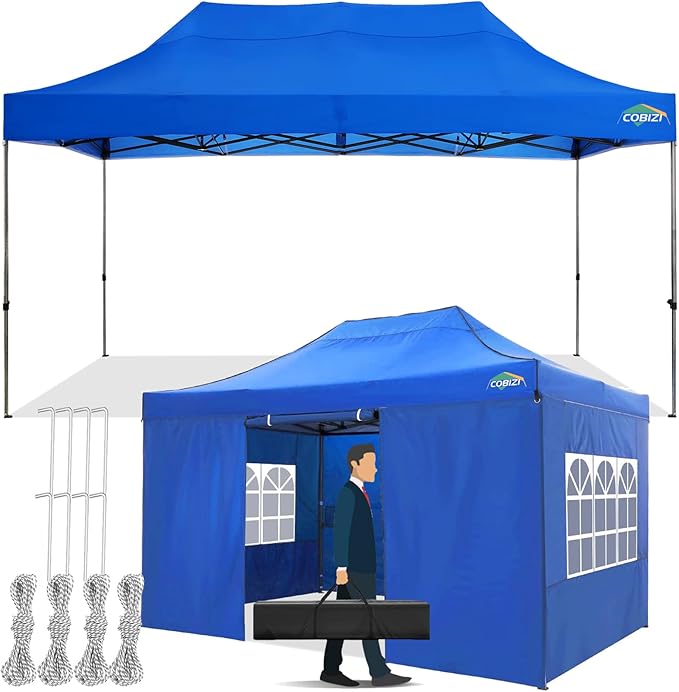 COBIZI 10x15 Pop up Canopy Tent 10x15 Canopy with 4 Sidewalls Waterproof Heavy Duty Commercial Canopy Tent for Parties Outdoor Tent Garden Gazebo Tent, Carry Bag(10x15ft, Blue)