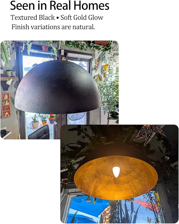 15 Inch Black and Gold Pendant Light, Bold Textured Matte Black Dome