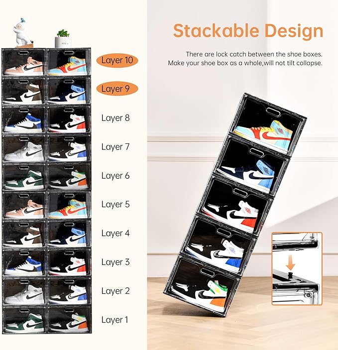 New 8 Pack Shoe Boxes Stackable, Large Shoe Storage Organizer