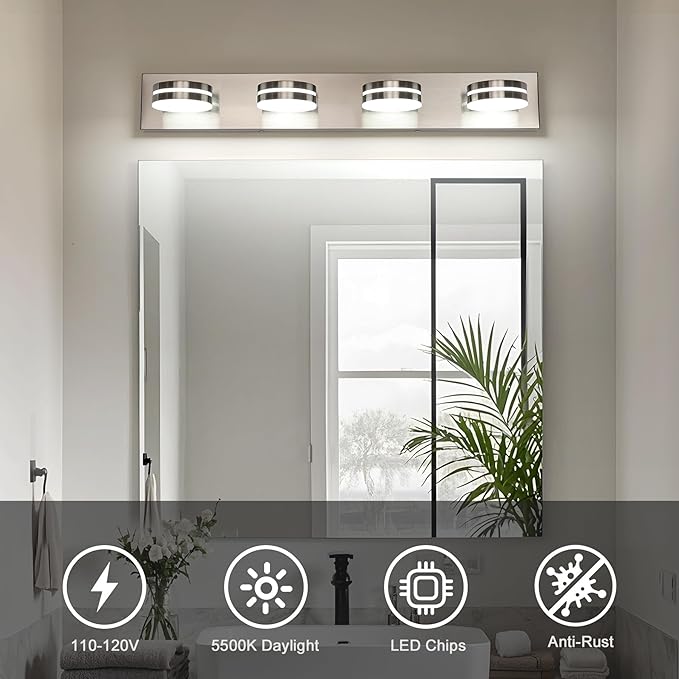 Brushed Nickel Vanity Lights for Bathroom, 4-Light Bathroom Light Fixtures Over