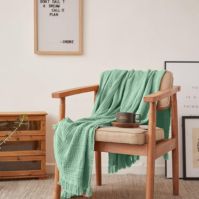 Simple&Opulence Cotton Muslin Throw Blanket for Bed, Couch, Knit Woven Gauze Blanket with Tassels, Soft Lightweight Cozy Pre-Washed Breathable Farmhouse Decoration for All-Season (Mint Green)