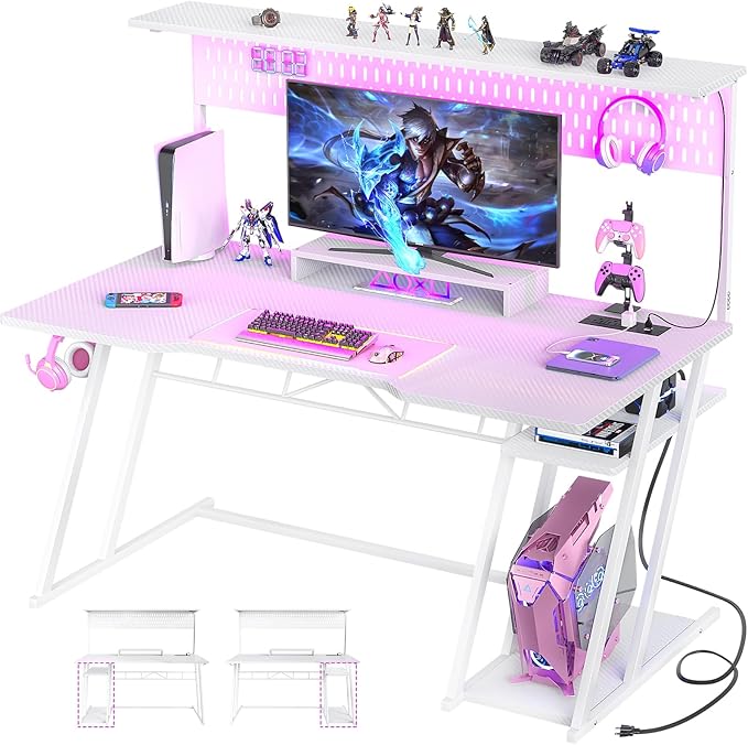 Armocity 53'' White Gaming Desk with Hutch and LED Lights, Gaming Computer Desk with Storage Shelves & Z-Shaped Legs, Reversible PC Game Desk with Pegboard for Bedroom, Carbon Fiber Surface