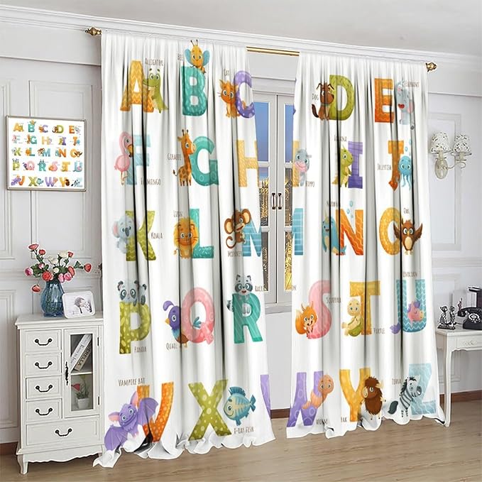 Kids Alphabet Curtains Educational Baby Cartoon Animals Colorful Cute Curtain with Rod Pocket for Nursery Living Room Home Decor Drapes Window Treatments 2 Panels Set 55x63in