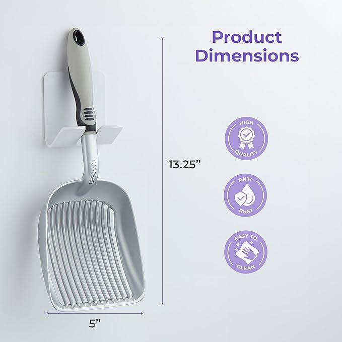 iPrimio Cat Litter Scooper Deep Shovel with Holder - (Silver XL) - Non-Stick Pooper Scooper Shovel Kitty Litter Sifter - Patented Solid Aluminum Poop Scoopers with Long Handle, Easy Grip, Pet Supplies