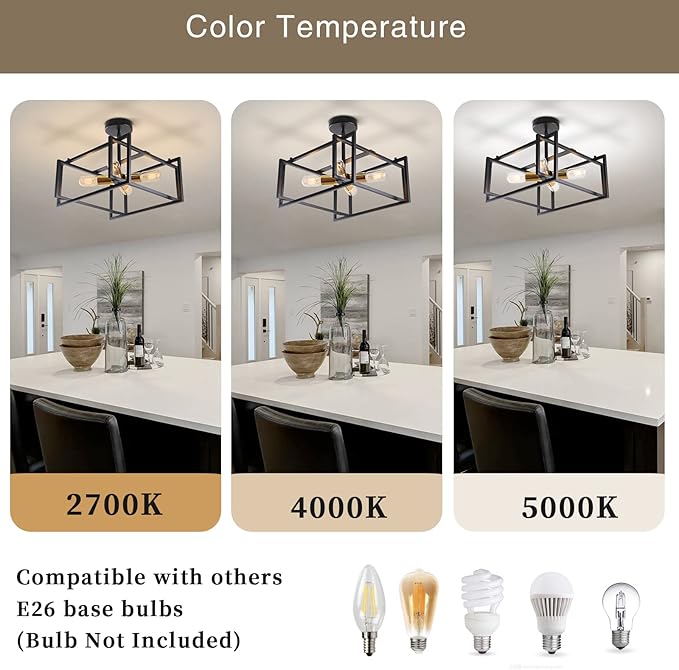 HuisMier Industrial Semi Flush Mount Ceiling Light, 4-Light Farmhouse Ceiling