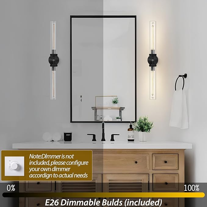 Modern 2-Light Black 30in Knurled Wall Sconces, Double Glass Sconces Wall