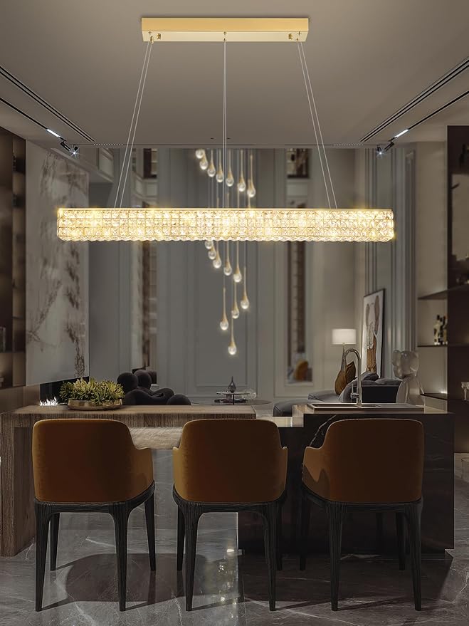 W48 Rectangular Gold Crystal Chandelier Modern Rectangle Pendant Ceiling Light