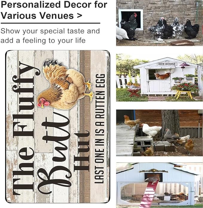 Fluffy Butt Hut Tin Sign Outdoor Decor with Chicken Design for Yard Patio Farmhouse 6x8 Inch