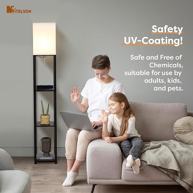 Floor Lamp with Shelves and USB, USB-C & Power Outlets, Shelf Lamp with