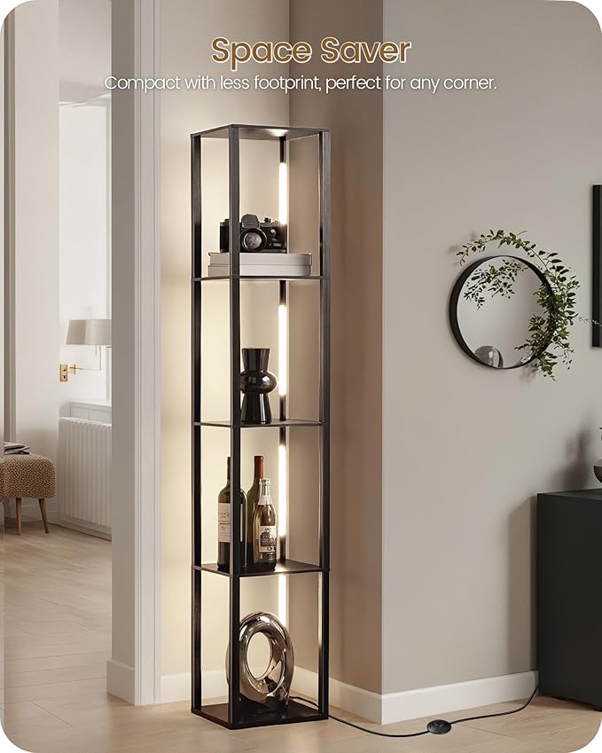 64.2" Display Shelf with Light, Modern Corner Floor Lampe with Shelves