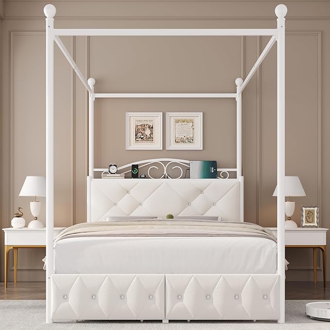 Queen Upholstered Canopy Bed Frame with 2 Drawers & Crystal Tufted Storage Headboard Metal Platform Bed with Charging Station & 4 Removable Posts No Box Spring Needed Curtain Not Included, Beige