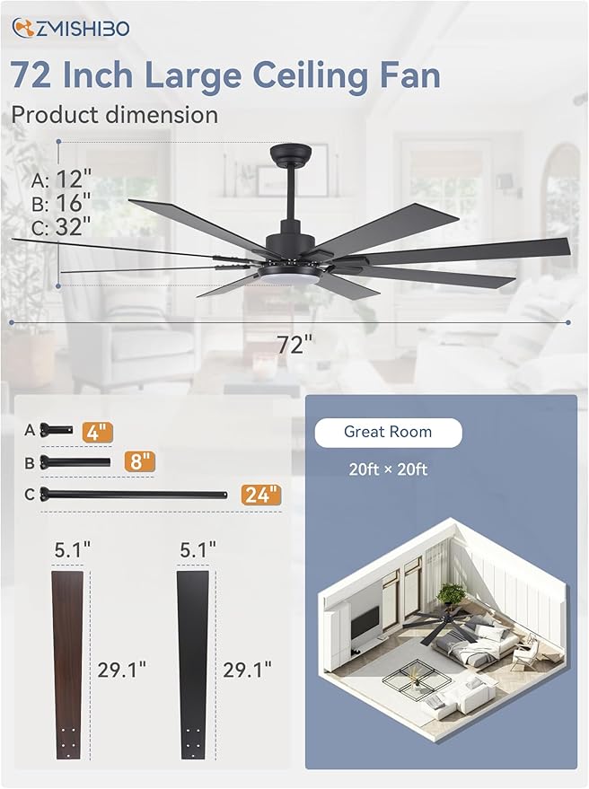 ZMISHIBO 72 inch Large Ceiling Fans